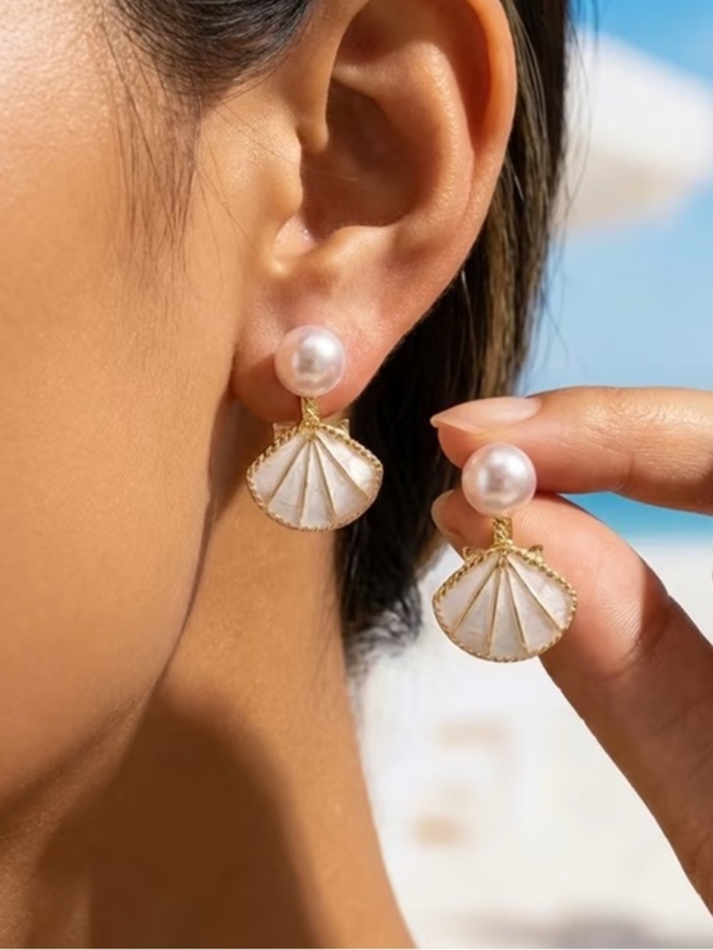 Gold-Trim Pearl & Shell Drop Earrings - White
